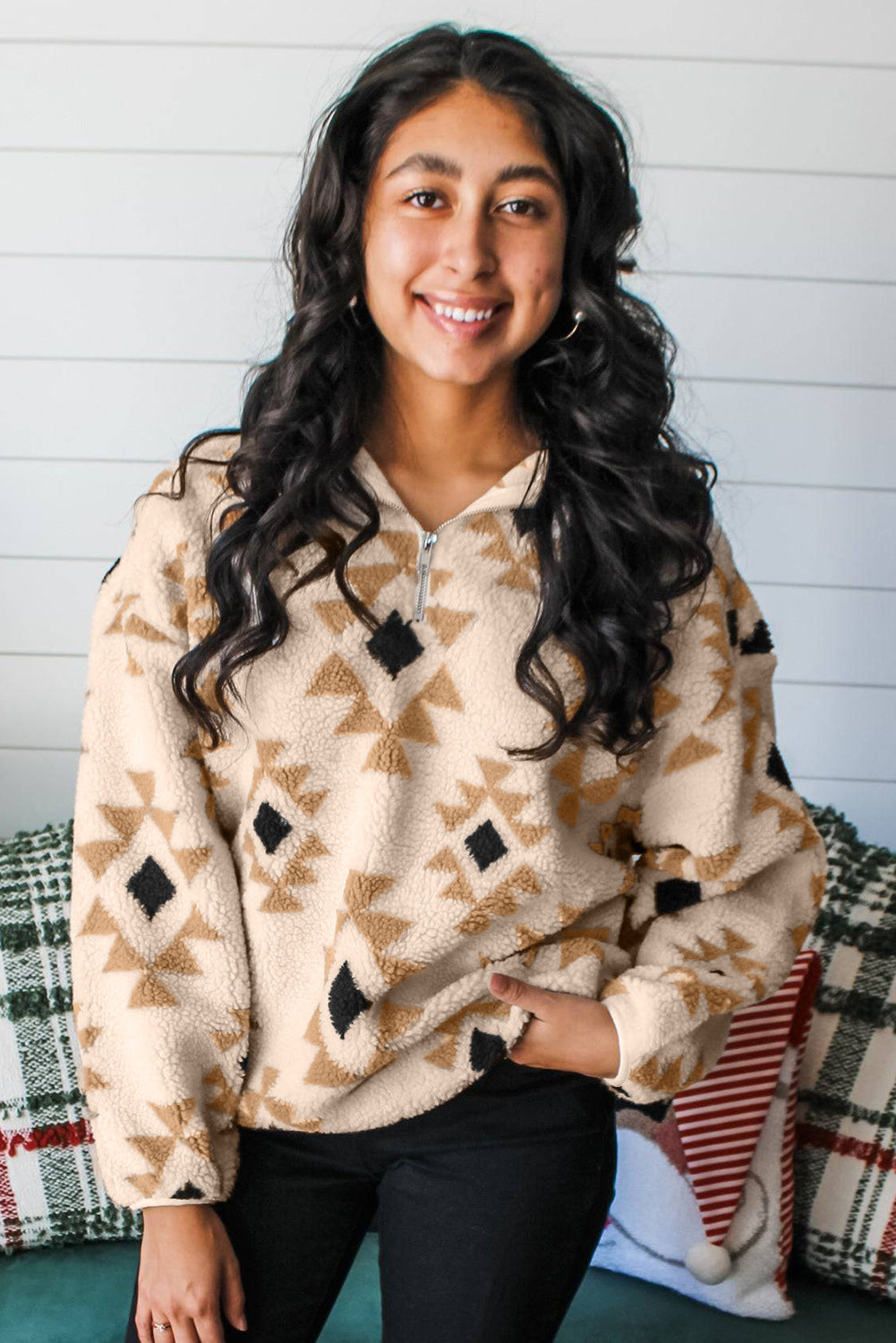 Khaki Aztec Print Sherpa Quarter Zip Collar Sweatshirt
