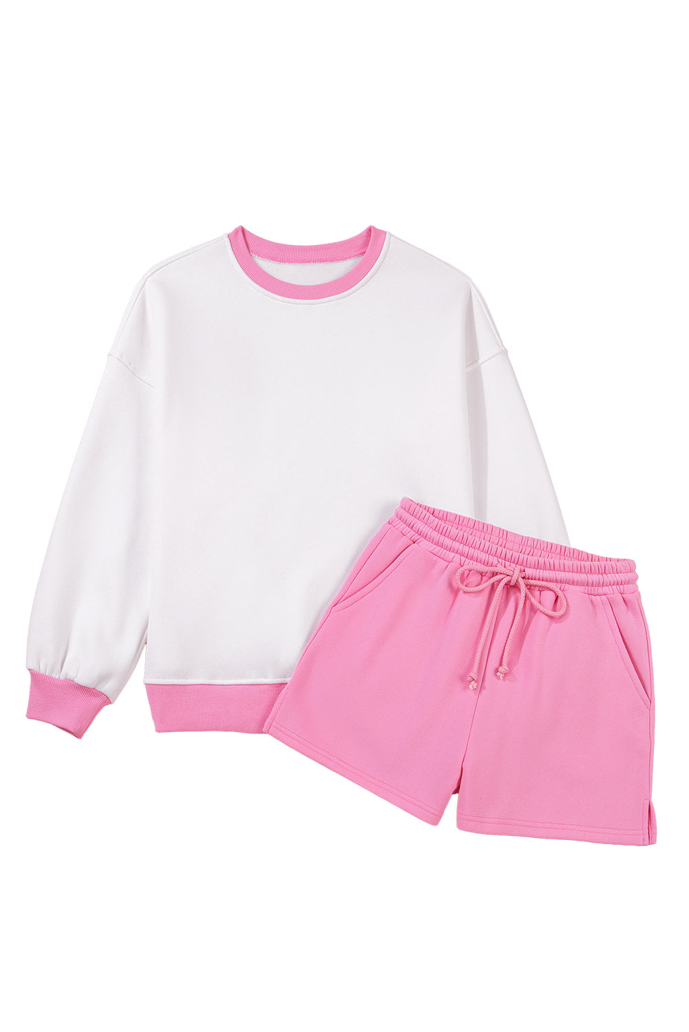 Strawberry Pink Color Block Pullover and Lace-up Elastic Waist Shorts Set