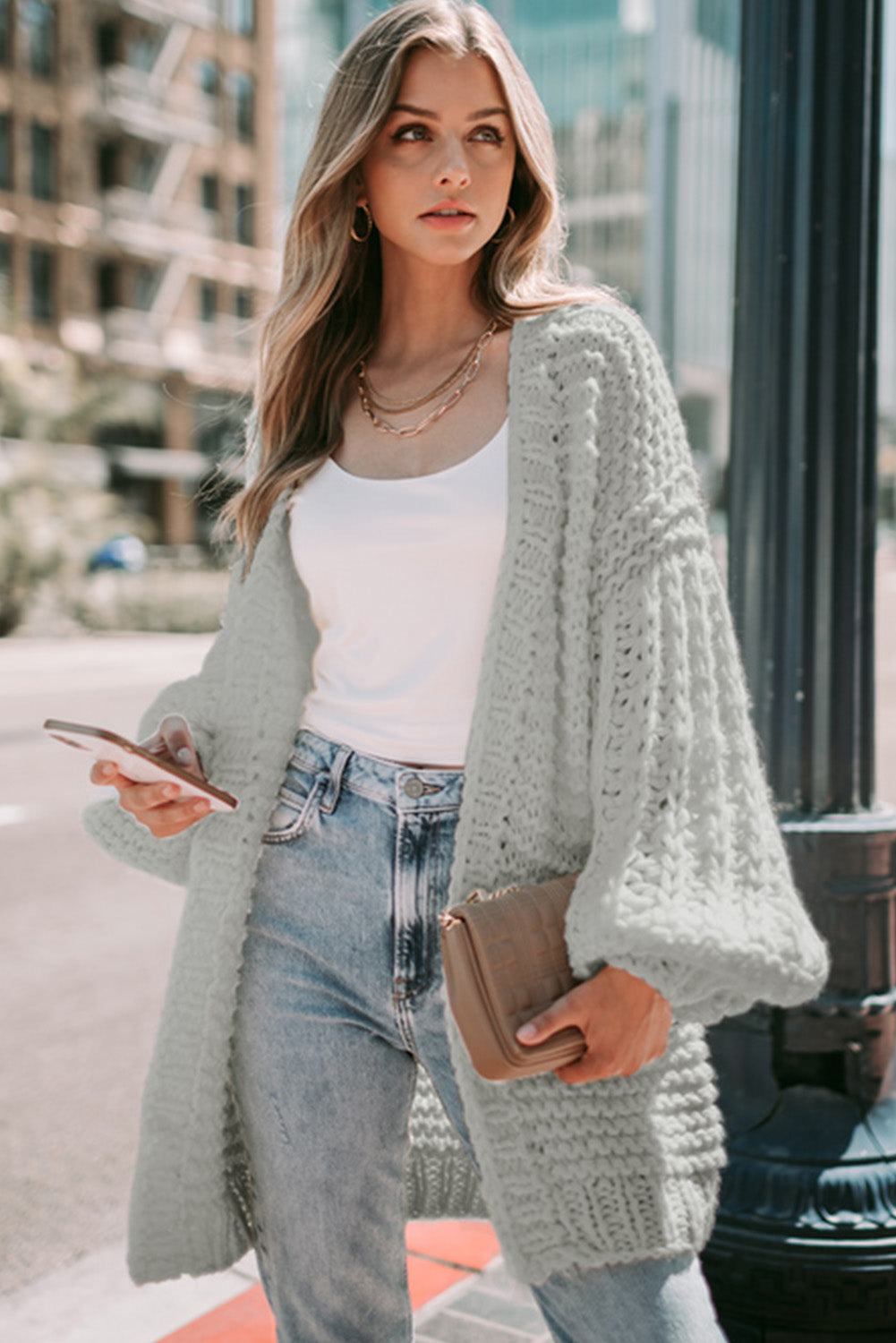 Gray Chunky Oversize Knit Drop Shoulder Puff Sleeve Cardigan
