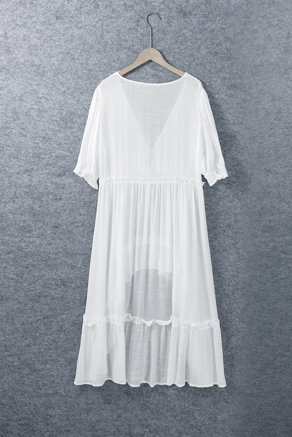 White Half Sleeve Ruffled High Low Kimono