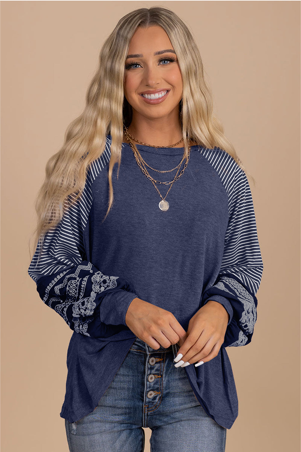 Navy Blue Contrast Print Striped Raglan Long Sleeve Loose Top