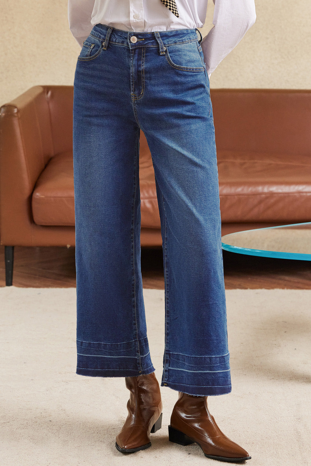 Real Teal Raw Hem Straight Leg Loose High Waist Jeans