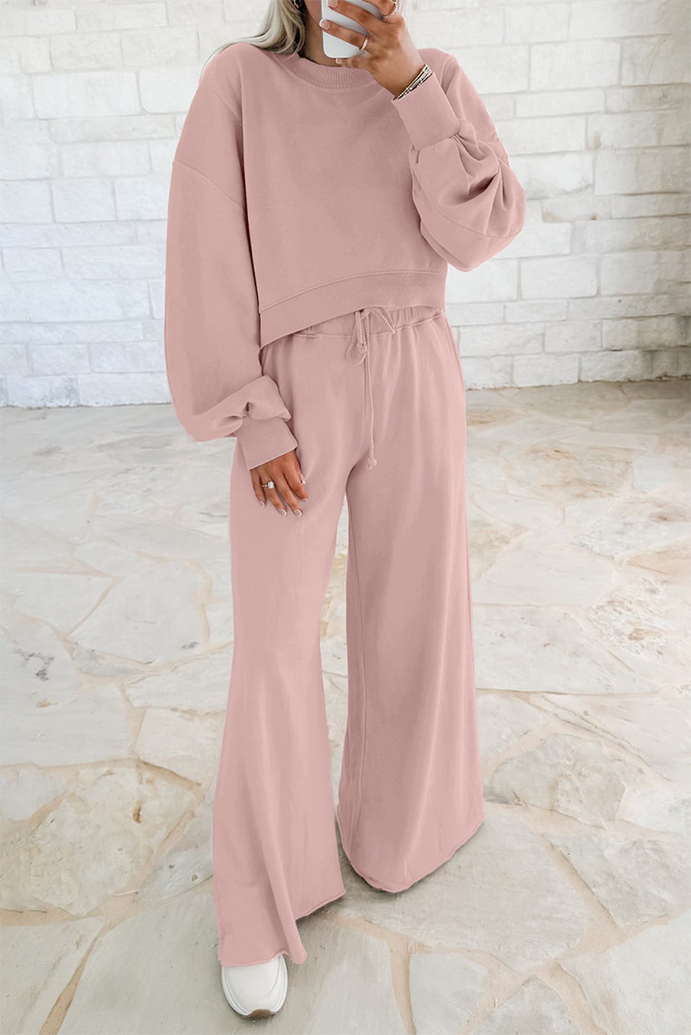 Light Pink Drop Shoulder Puff Sleeve Crop Pullover Drawstring Wide Leg Pants Set