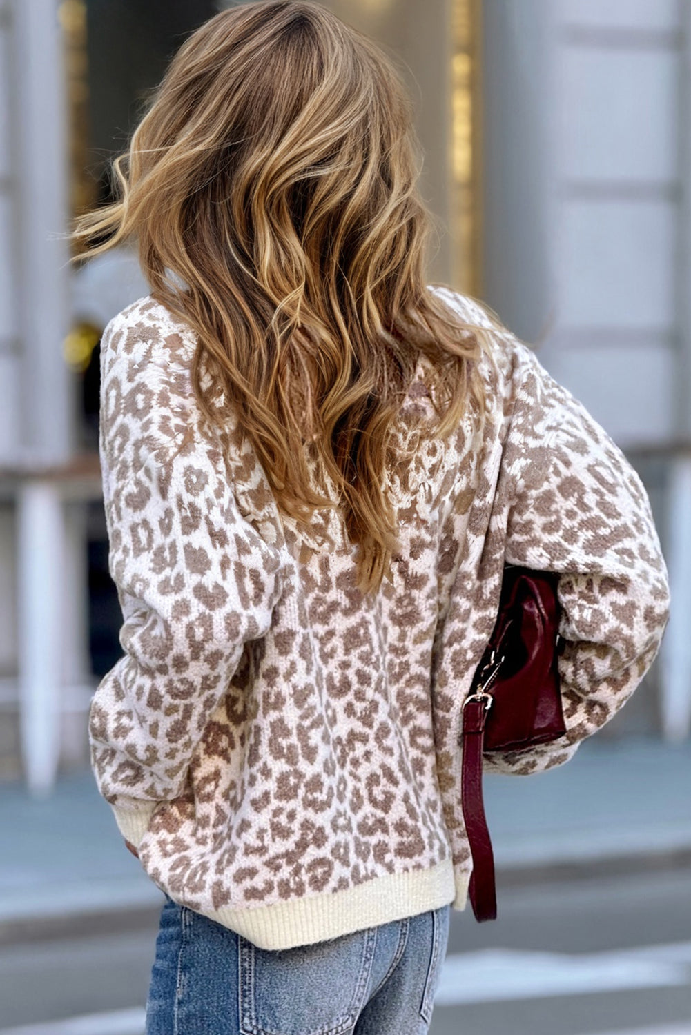 Khaki Leopard Drop Shoulder Chunky Knitted Cardigan Sweater