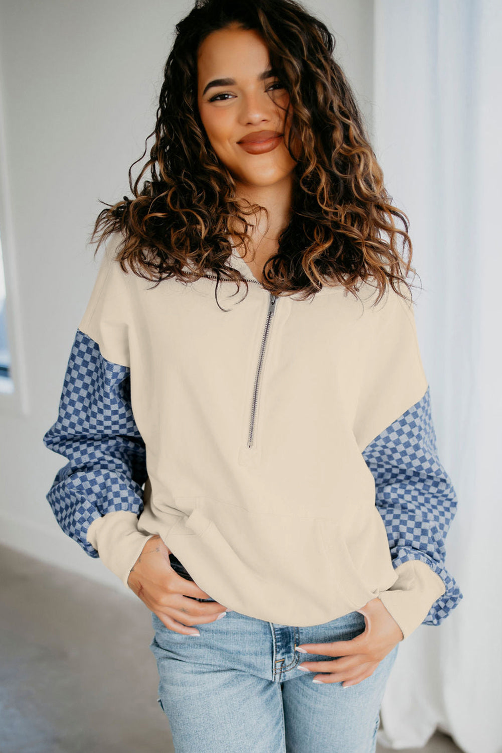 Parchment Checkered Patchwork Kangaroo Pocket Half Zipper Hoodie
