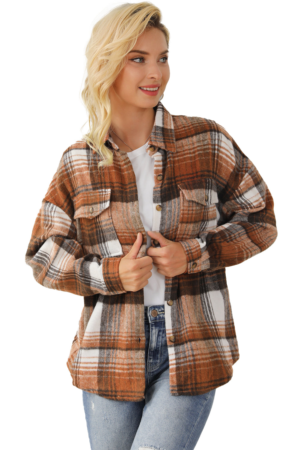 Brown Plaid Flap Pockets Shacket