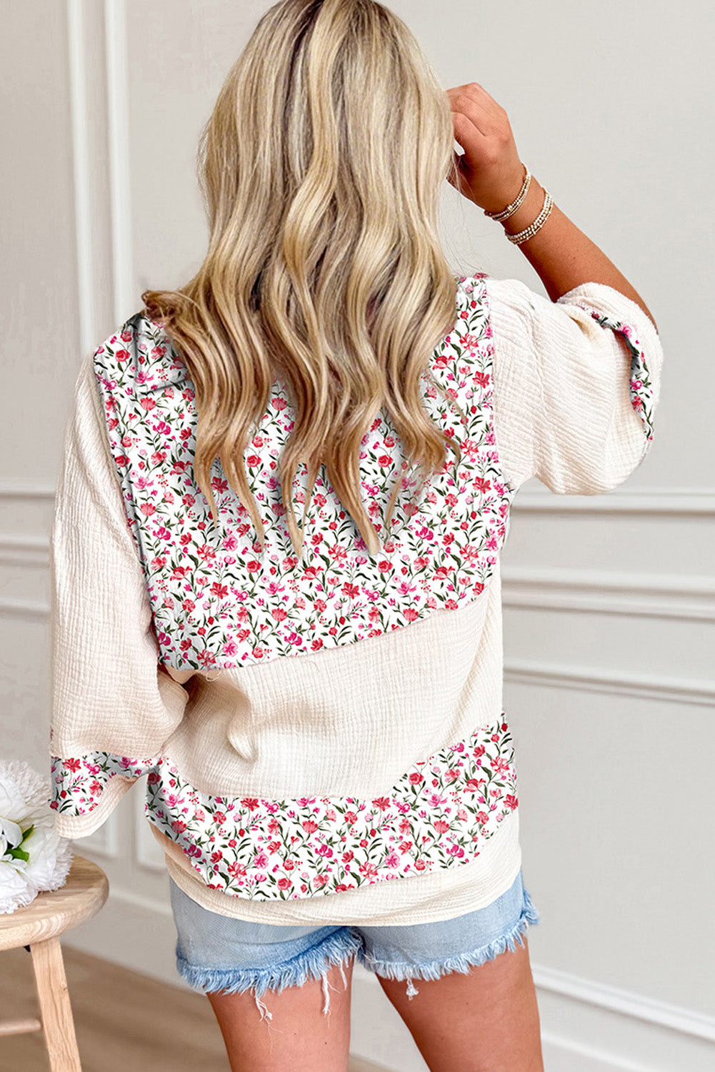 Red Floral Print Gauze Patchwork Henley Button 3/4 Sleeve Blouse