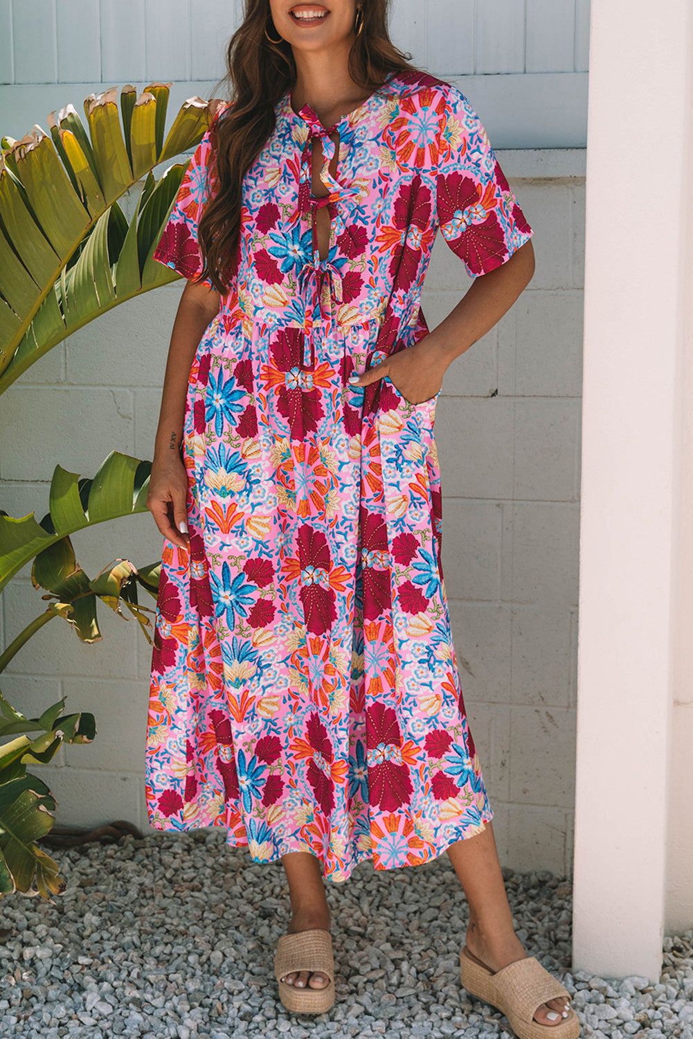 Rose Floral Tied Front High Waist Short Sleeve Loose Long Dress
