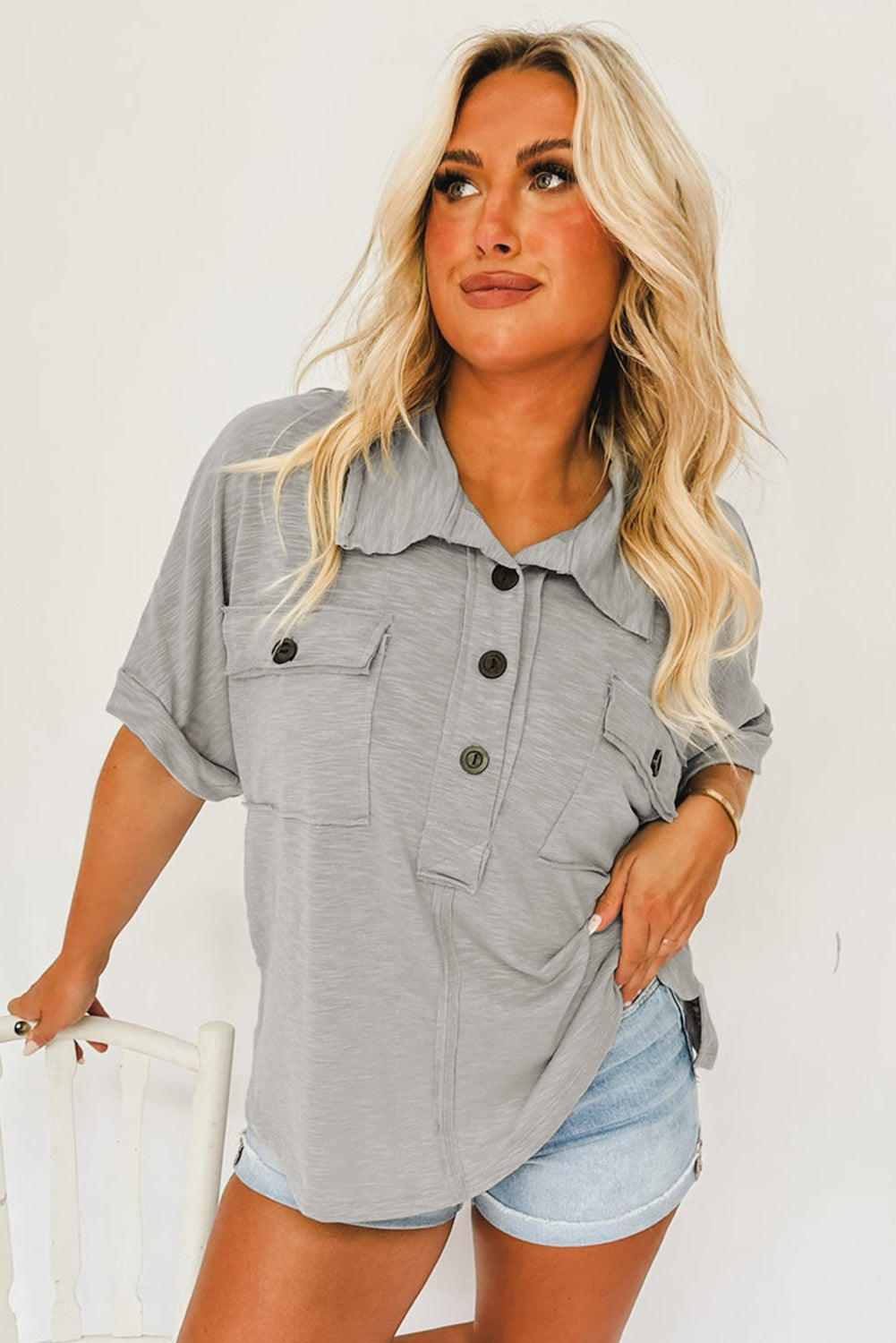 Light Grey Chest Pockets Half Buttoned Collared Blouse