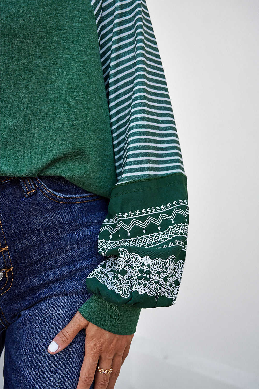 Blackish Green Contrast Print Striped Raglan Long Sleeve Loose Top