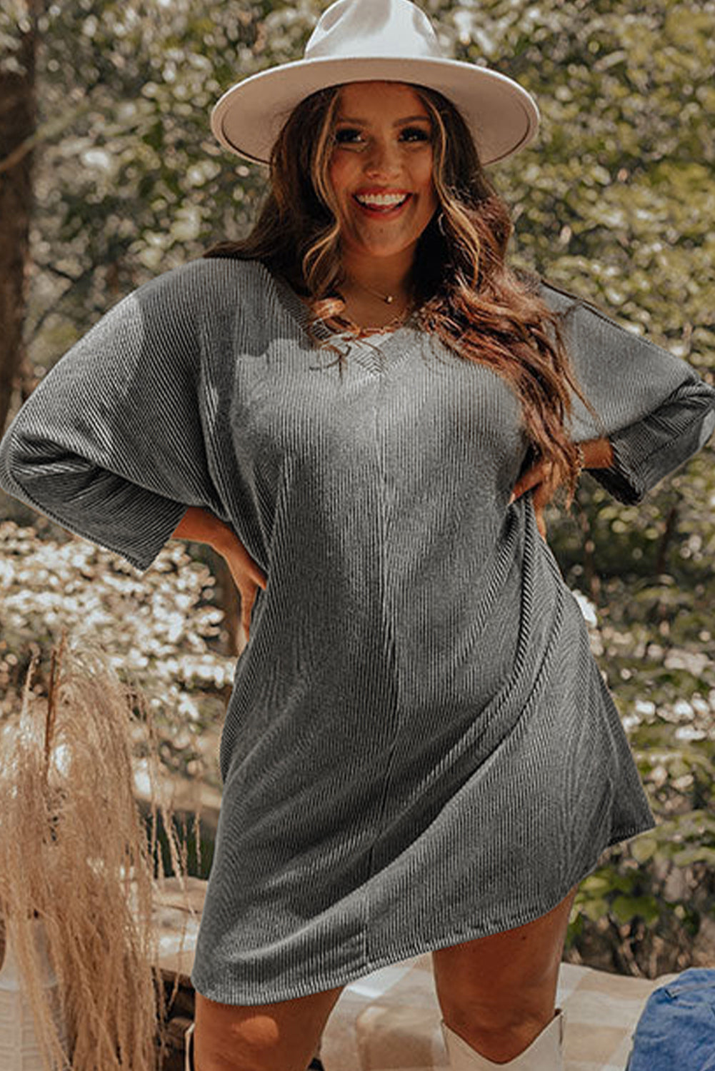 Philippine Gray Plus Size Corded V Neck Shift Dress