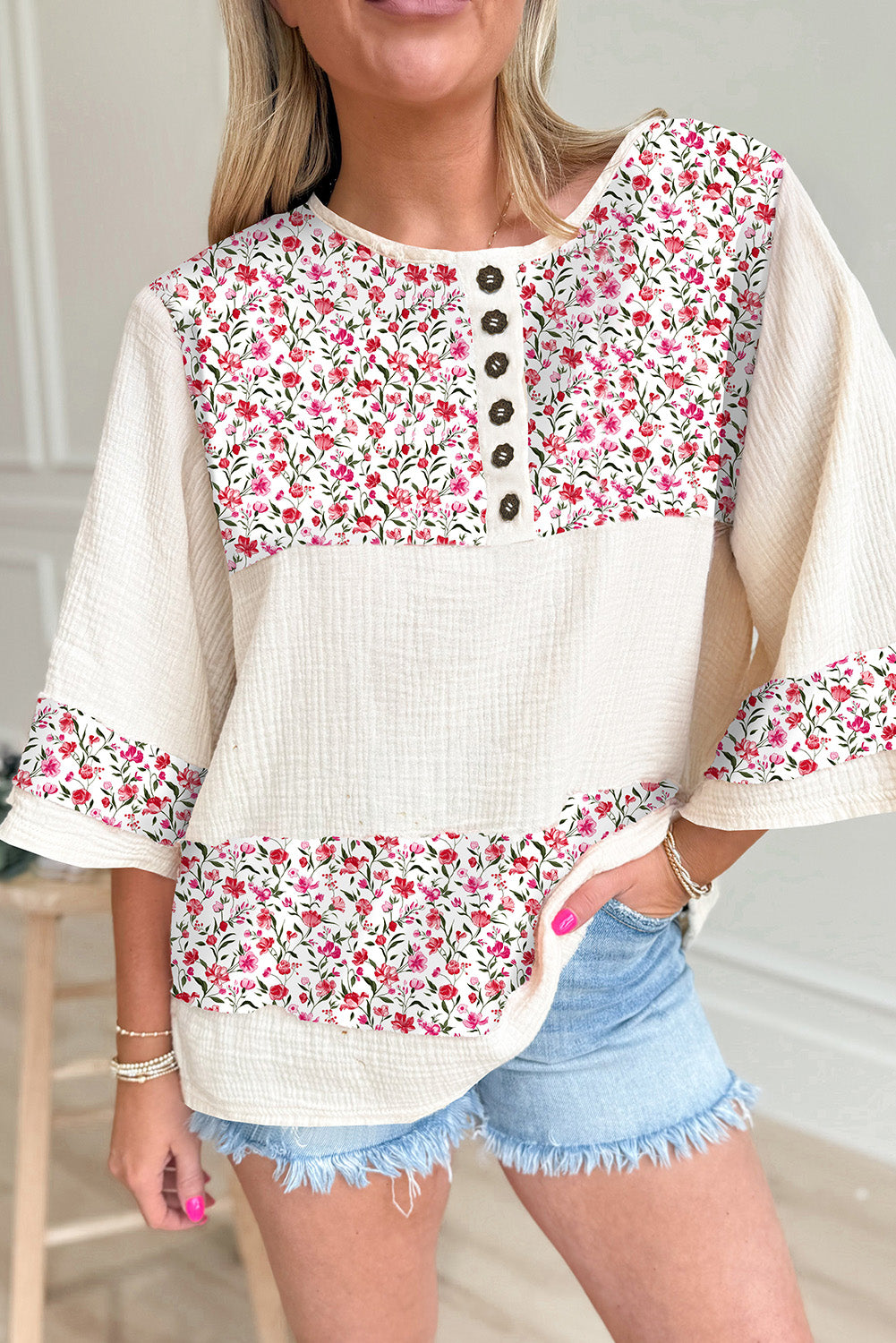 Red Floral Print Gauze Patchwork Henley Button 3/4 Sleeve Blouse
