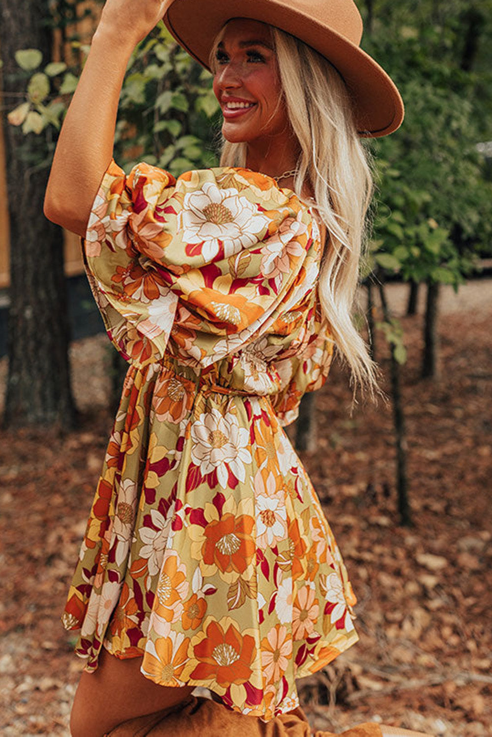 Green Ruffled Puff Short Sleeve Floral Dress