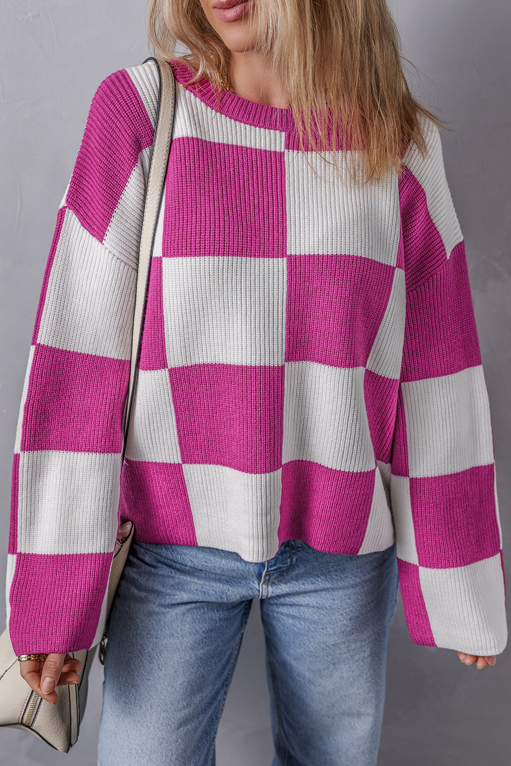 Bright Pink Checkered Round Neck Baggy Sweater