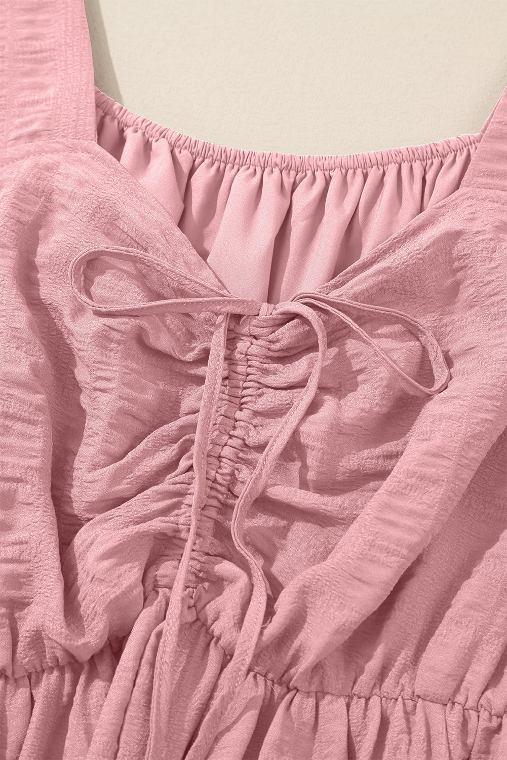 Pink Lace-up Ruched Front Long Sleeve Ruffle Hem Plus Size Midi Dress