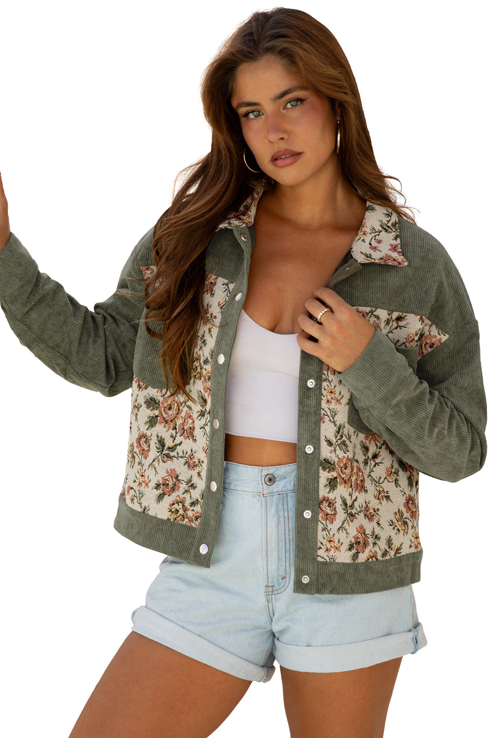 Sage Green Ribbed Retro Floral Patchwork Shirt Style Jacket