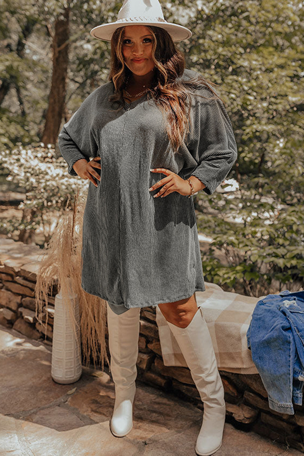Philippine Gray Plus Size Corded V Neck Shift Dress