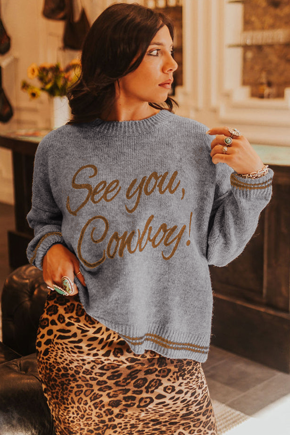 Light Grey See You Cowboy Embroidered Western Graphic Sweater