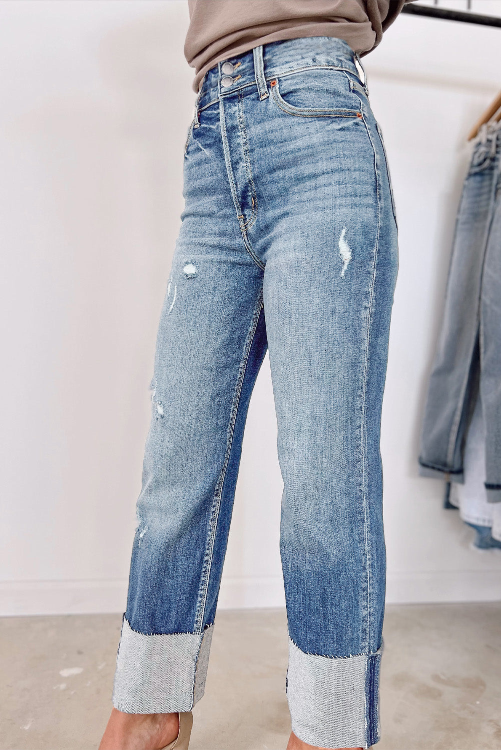 Sky Blue High Waist Distressed Straight Leg Jeans