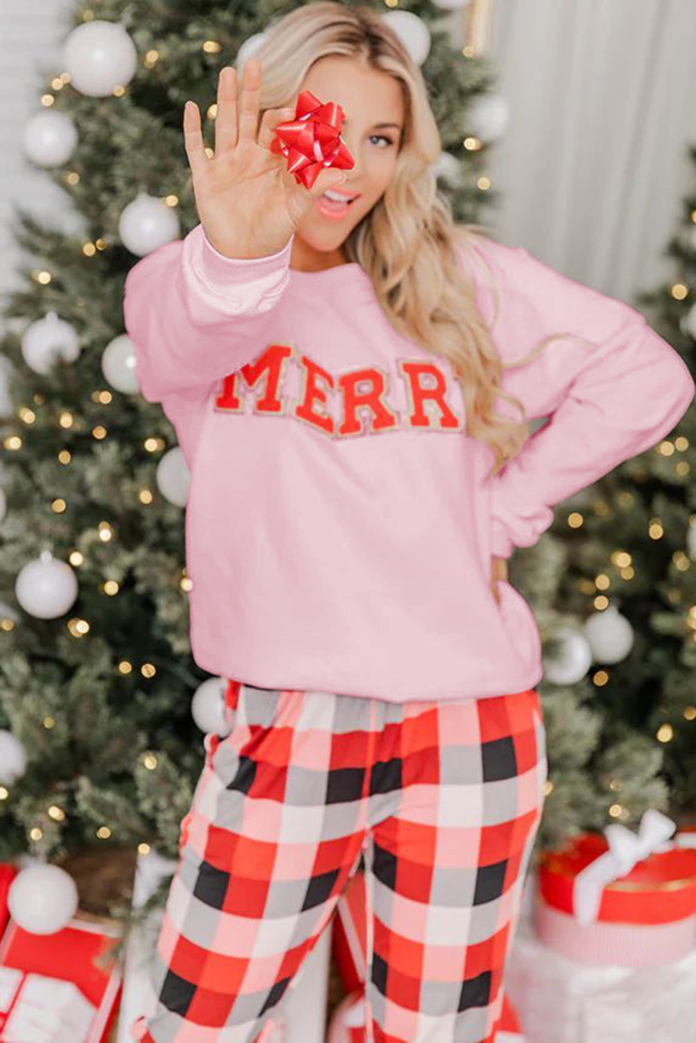 Multicolor MERRY Graphic Pullover and Plaid Pants Lounge Set