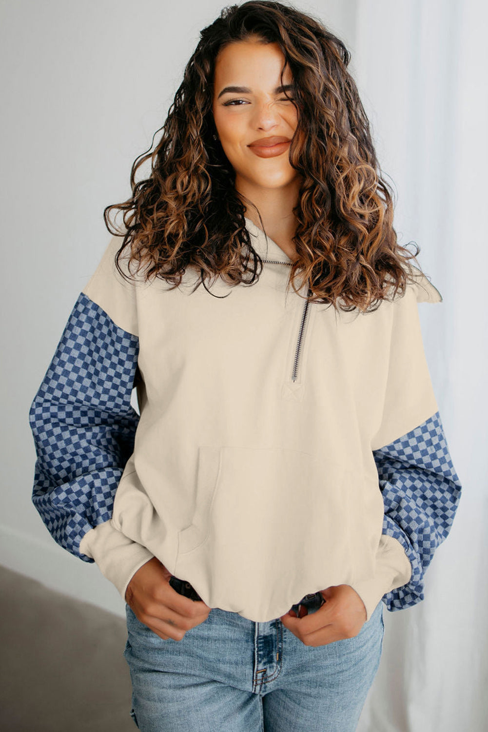 Parchment Checkered Patchwork Kangaroo Pocket Half Zipper Hoodie