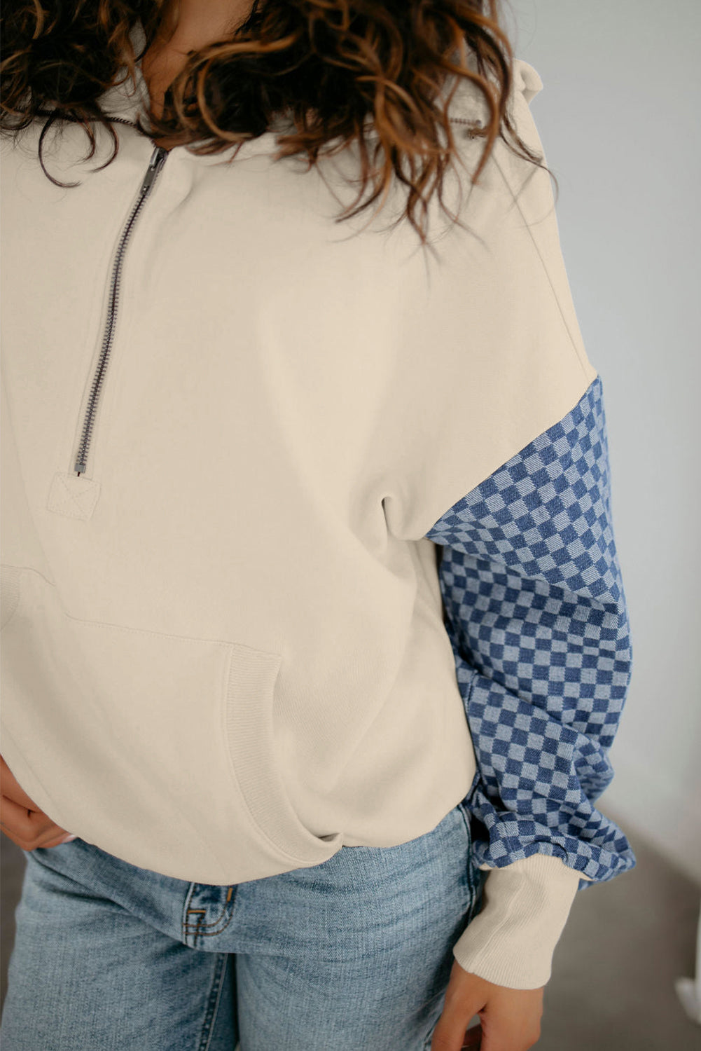 Parchment Checkered Patchwork Kangaroo Pocket Half Zipper Hoodie