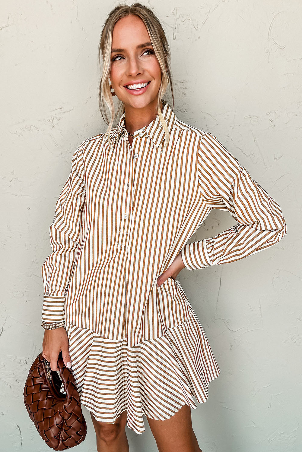 Brown Stripe Ruffled Hem Collared Long Sleeve Shirt Mini Dress