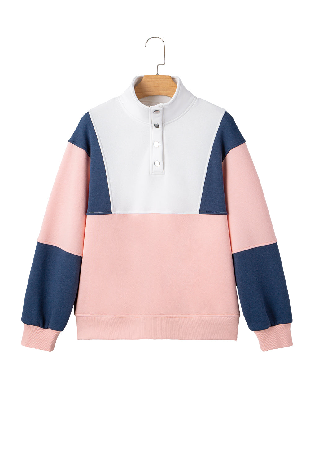 Pink Colorblock Patchwork Half Button Baggy Sweatshirt