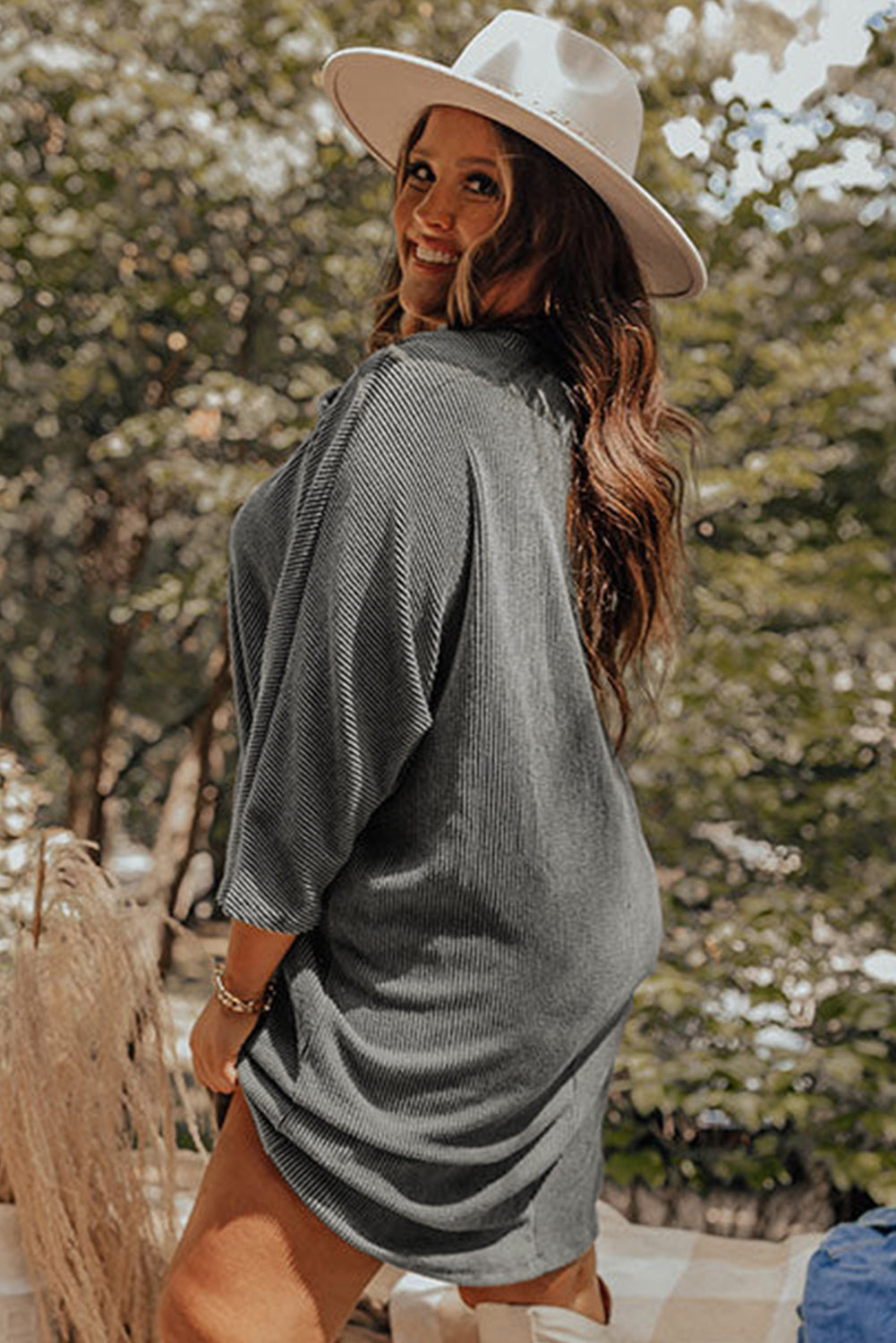 Philippine Gray Plus Size Corded V Neck Shift Dress
