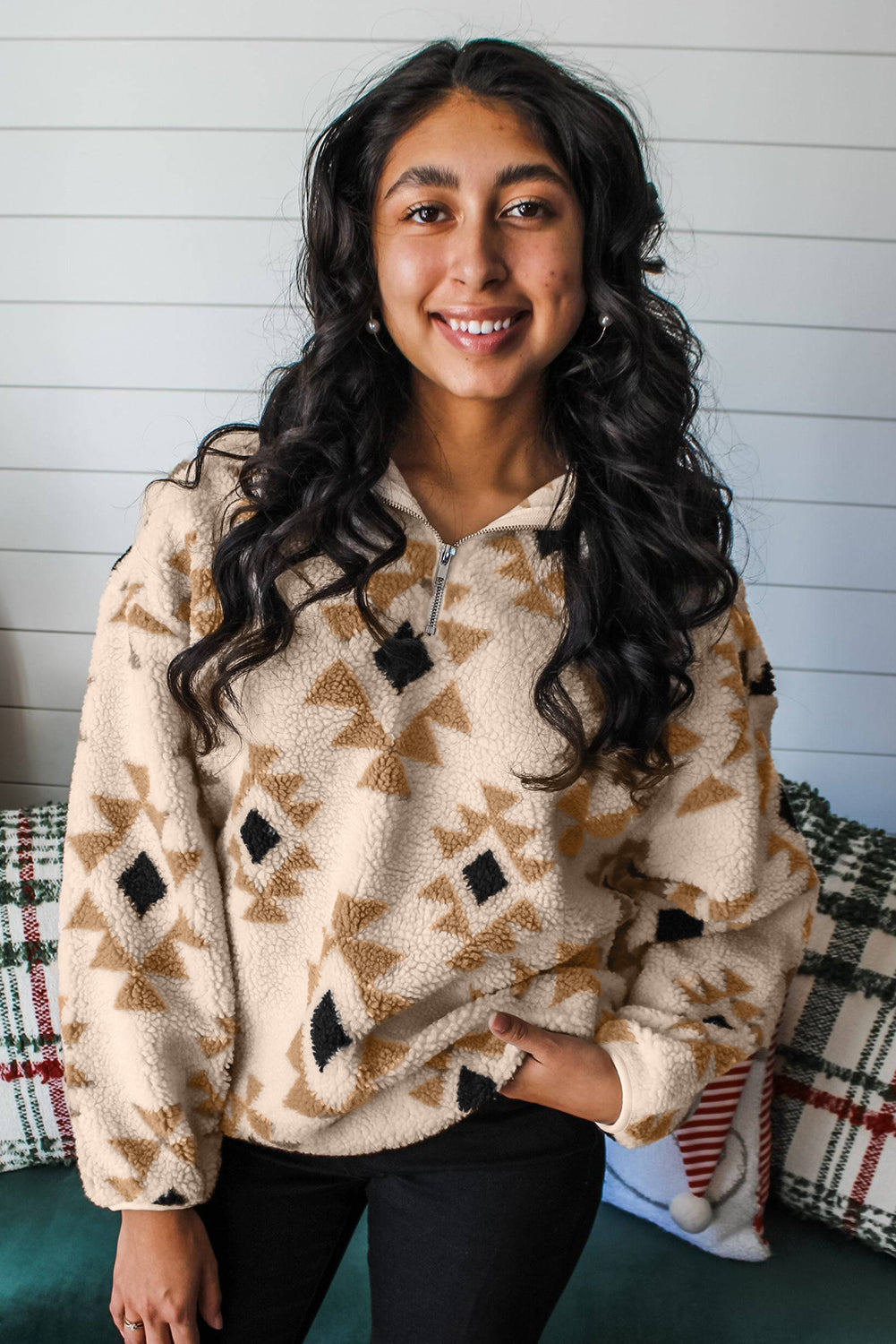 Khaki Aztec Print Sherpa Quarter Zip Collar Sweatshirt