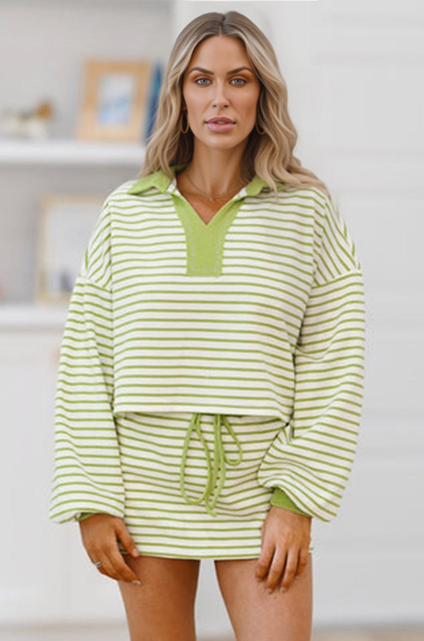 Green Stripe Collared V Neck Drop Shoulder Pullover and Skort 2pcs Outfit