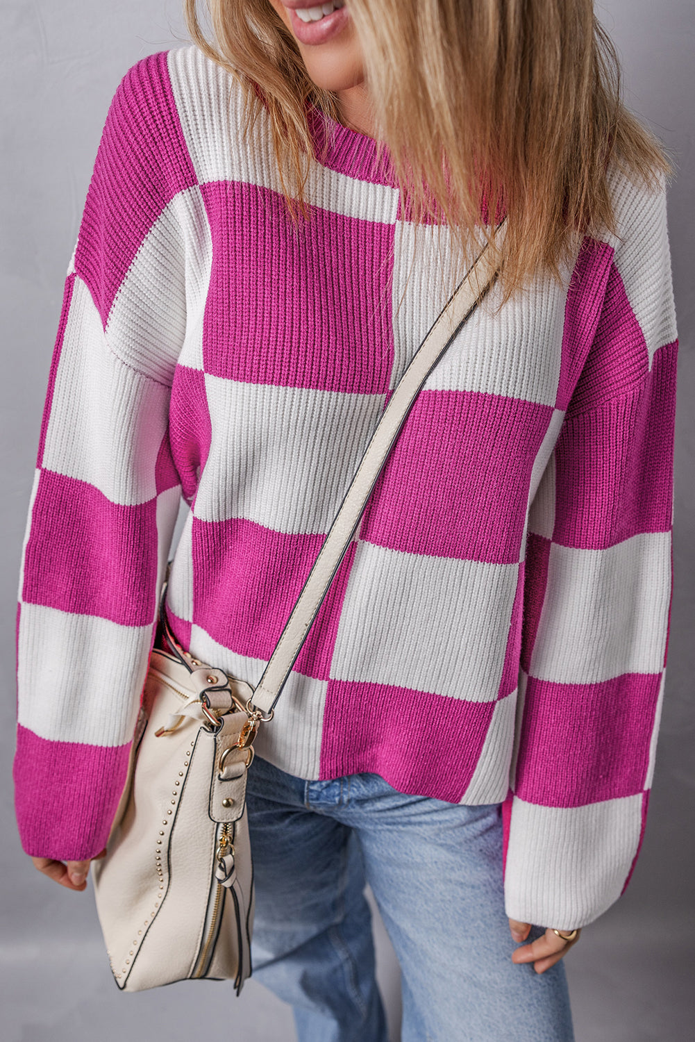 Bright Pink Checkered Round Neck Baggy Sweater