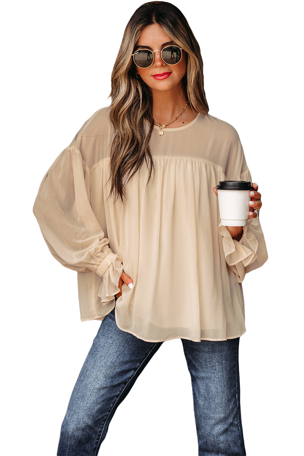 Parchment Pleated Ruffle Long Sleeve Chiffon Blouse