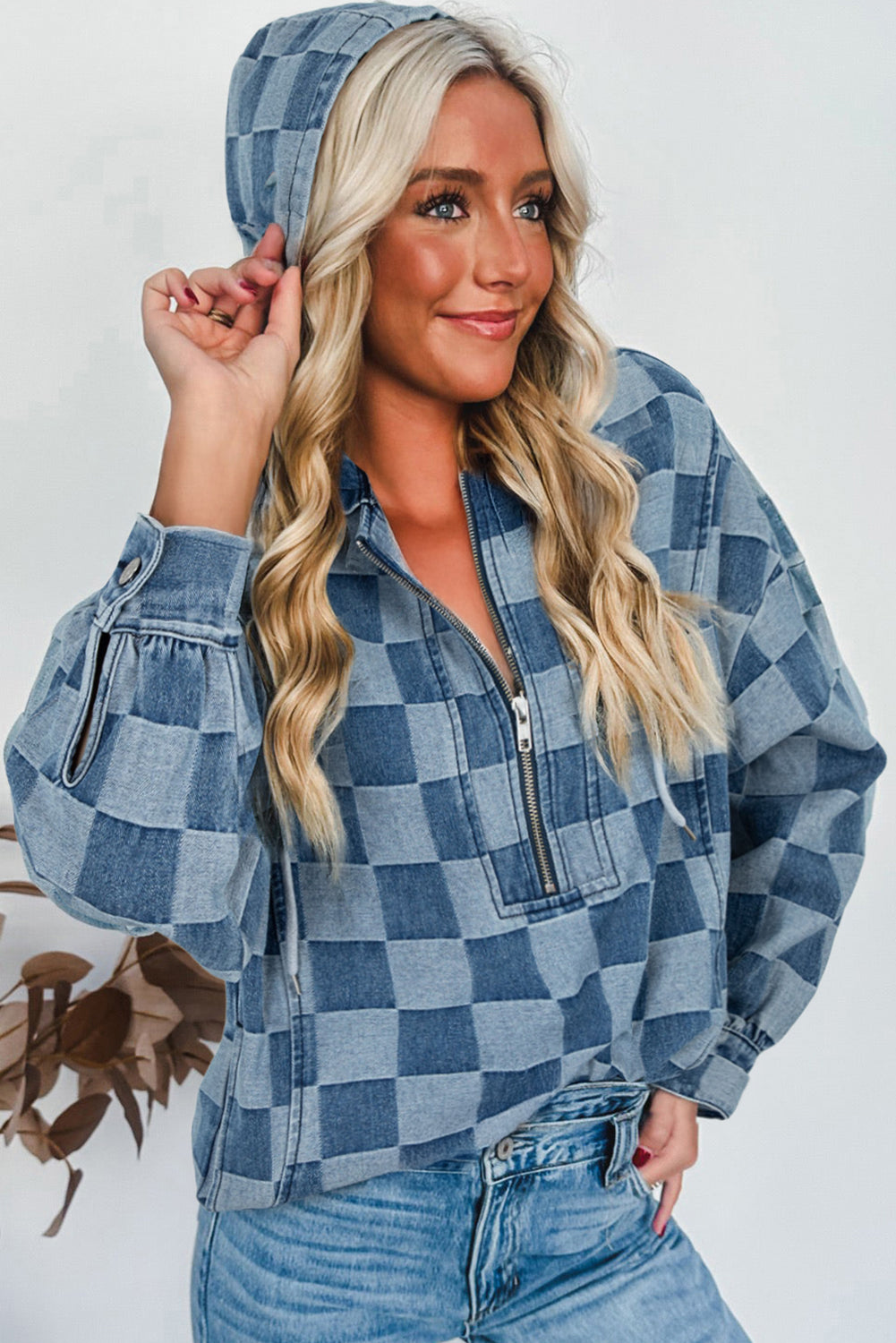 Sky Blue Checkerboard Zipped Neck Kangaroo Pocket Denim Hoodie