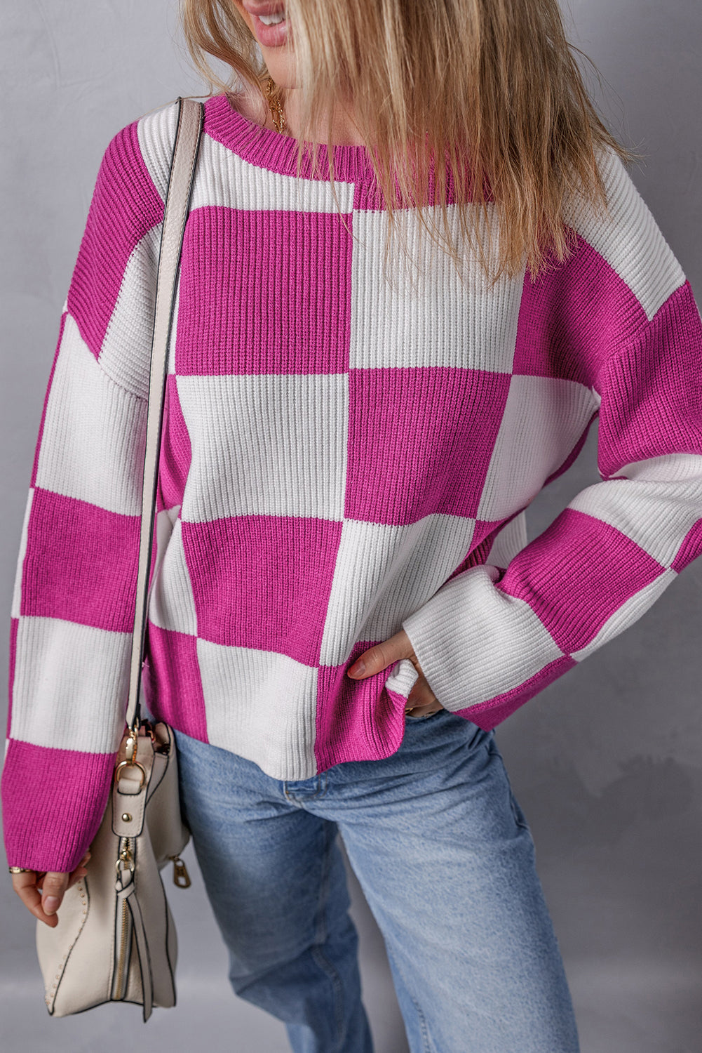 Bright Pink Checkered Round Neck Baggy Sweater