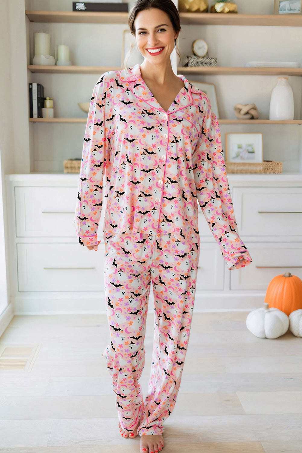 Pink Halloween Eve Haunted Honey Bat Print Pajama Set