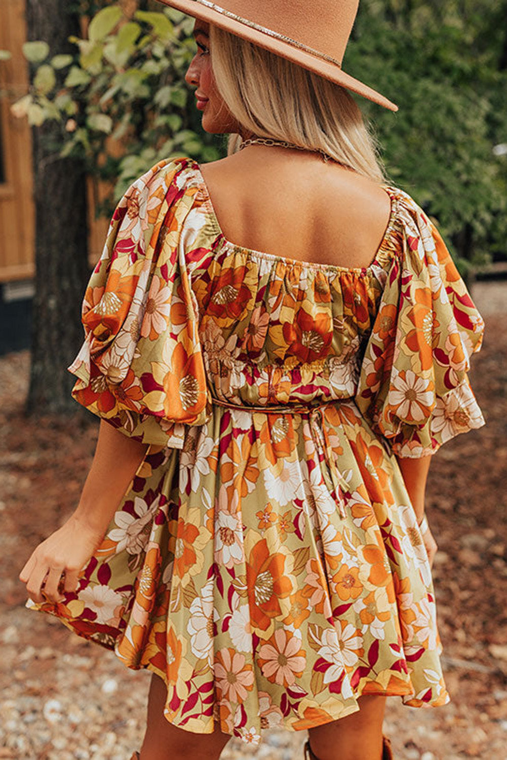 Green Ruffled Puff Short Sleeve Floral Dress