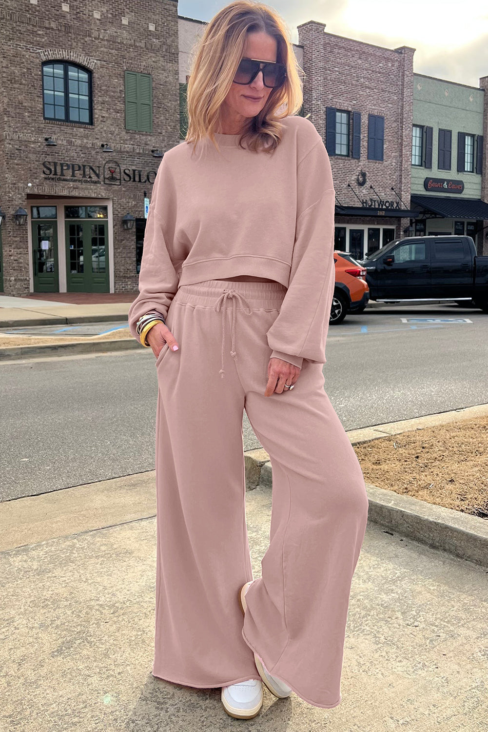 Light Pink Drop Shoulder Puff Sleeve Crop Pullover Drawstring Wide Leg Pants Set