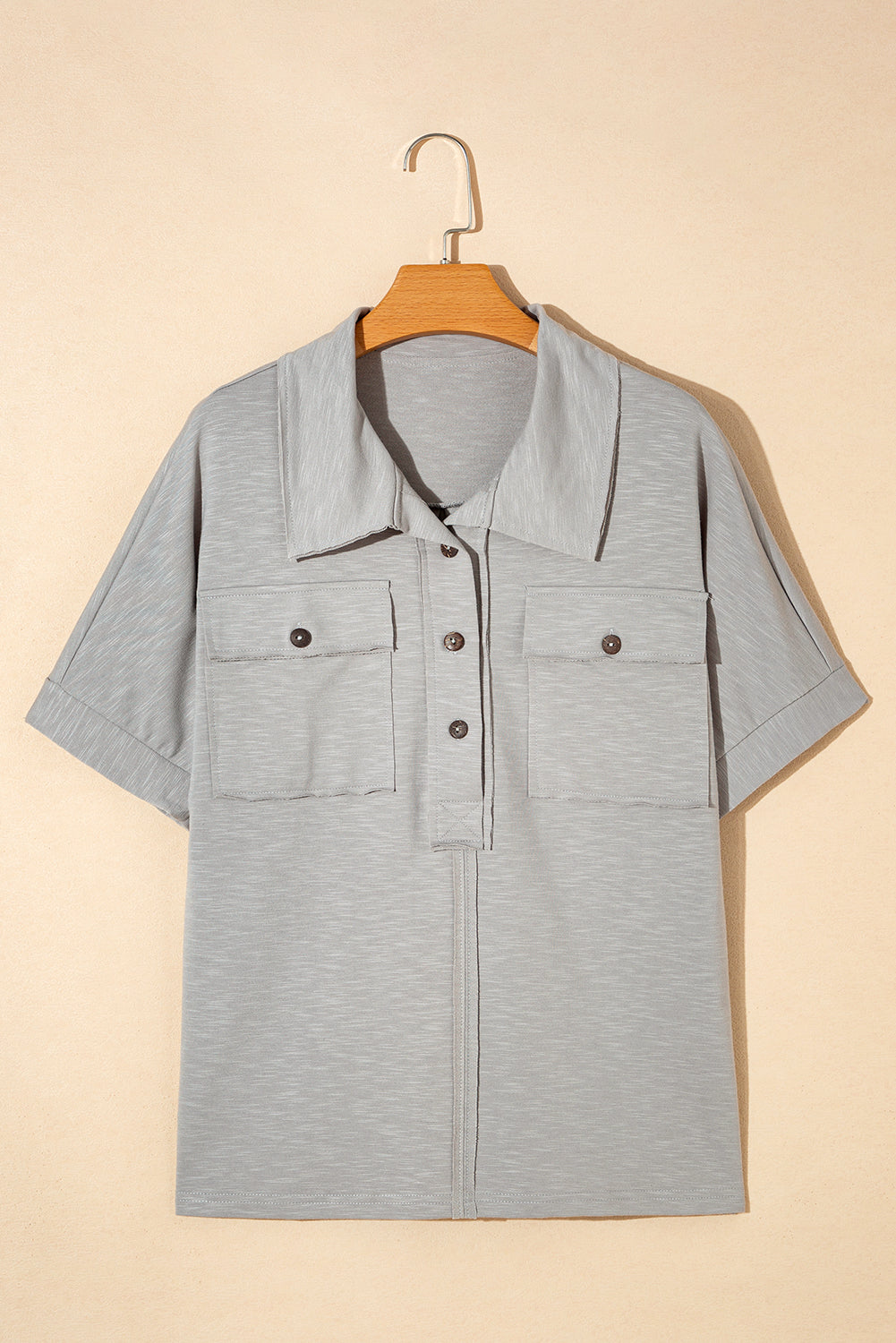Light Grey Chest Pockets Half Buttoned Collared Blouse