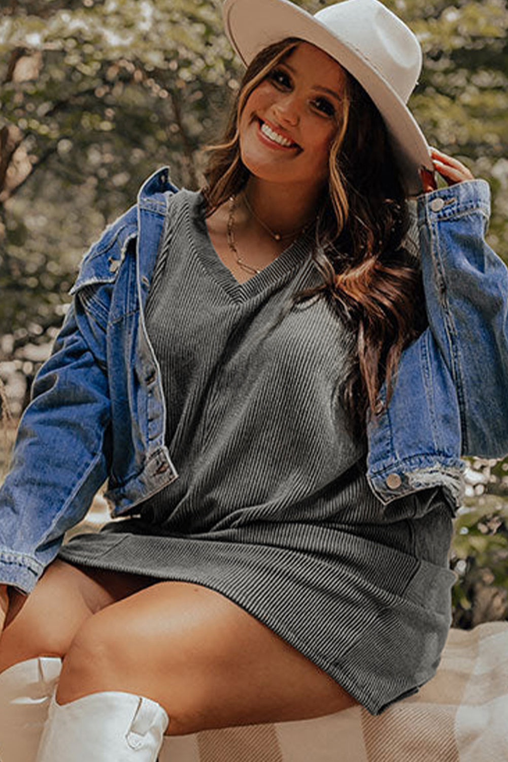 Philippine Gray Plus Size Corded V Neck Shift Dress