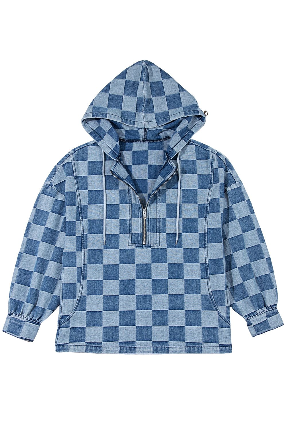 Sky Blue Checkerboard Zipped Neck Kangaroo Pocket Denim Hoodie