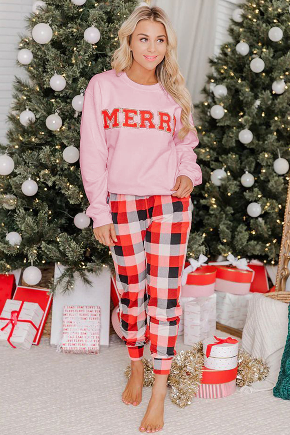 Multicolor MERRY Graphic Pullover and Plaid Pants Lounge Set