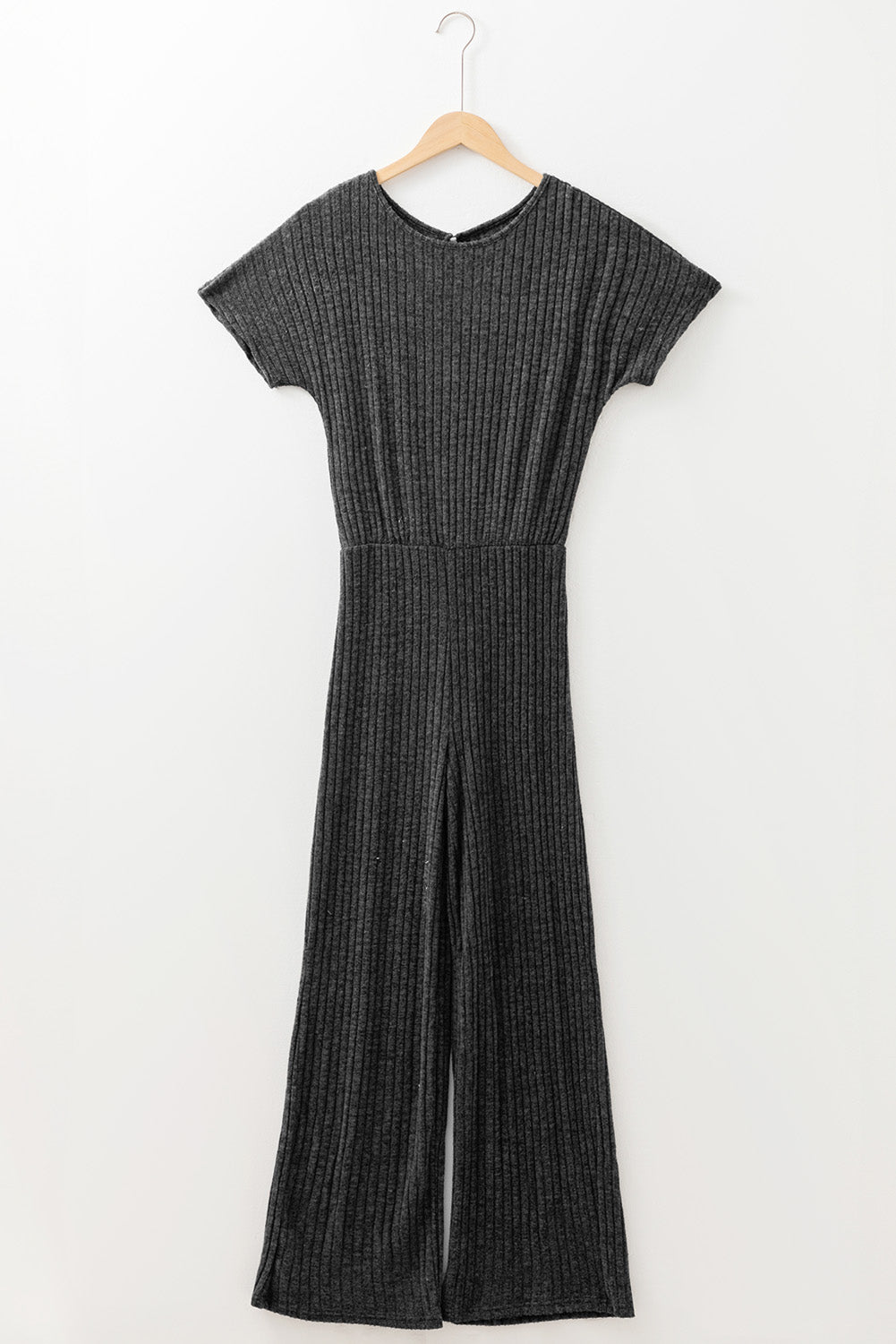 Dark Grey Ribbed Keyhole Short Sleeve Wide Leg Jumpsuit