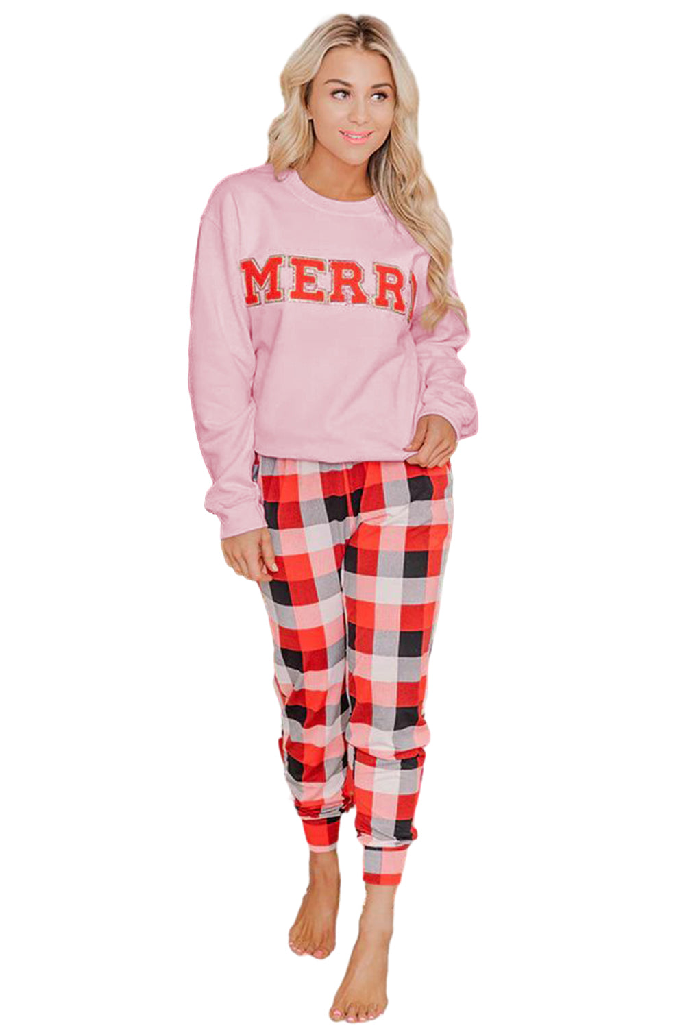 Multicolor MERRY Graphic Pullover and Plaid Pants Lounge Set