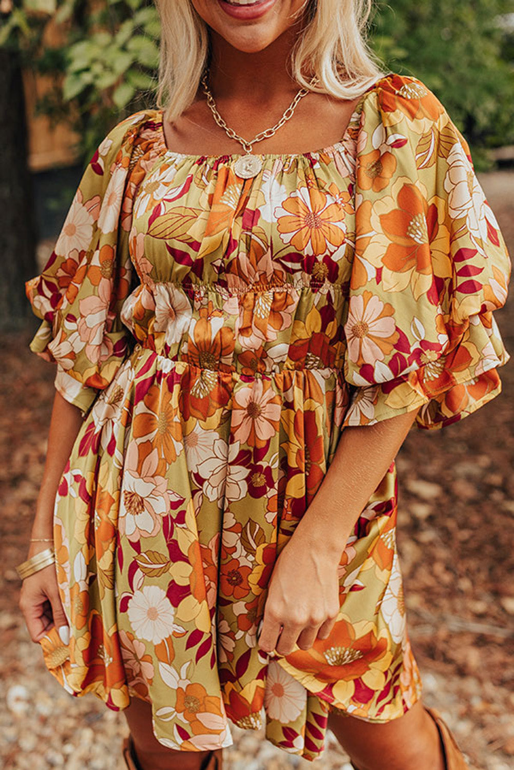 Green Ruffled Puff Short Sleeve Floral Dress