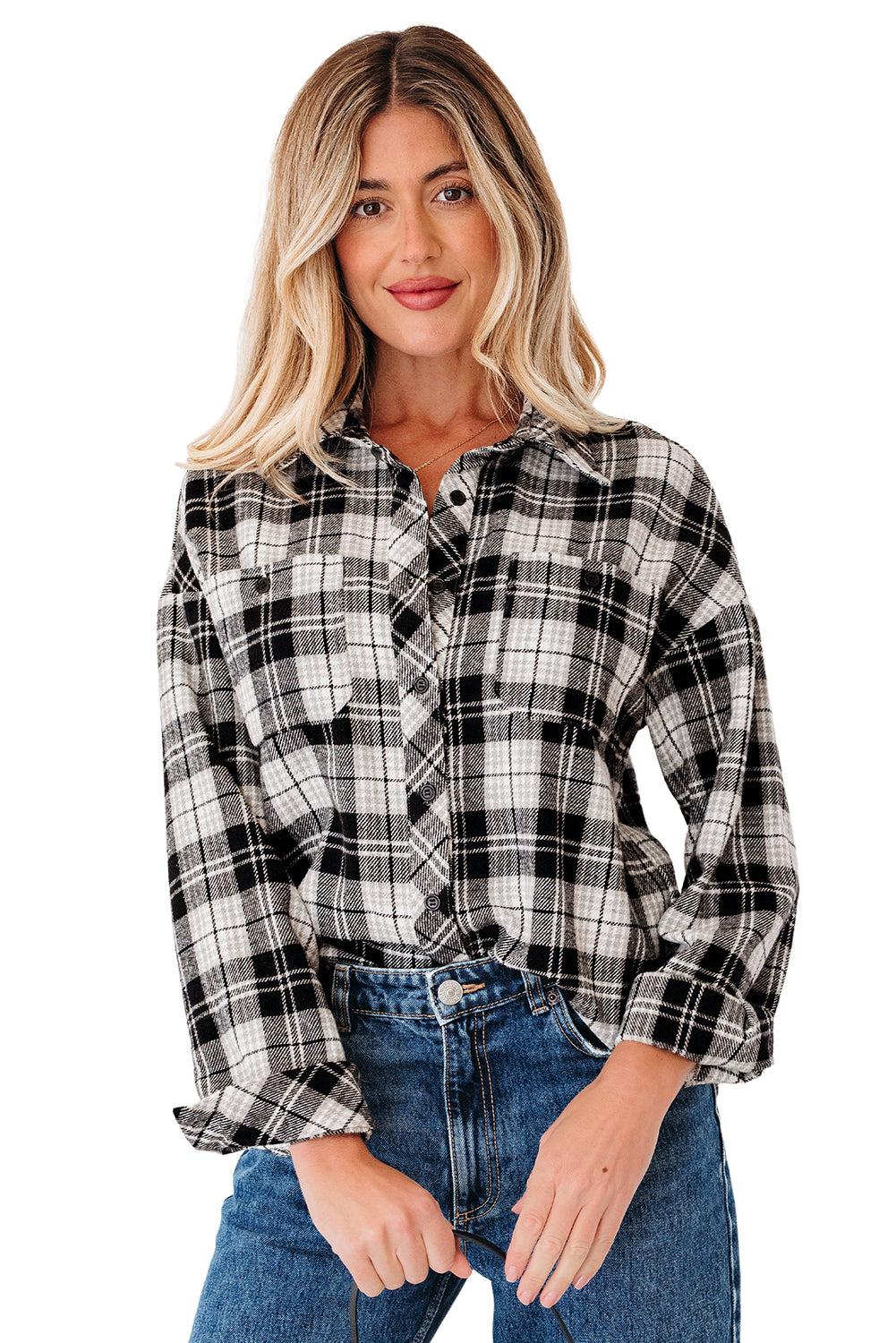 Black Plaid Print Chest Pockets Buttoned Shirt