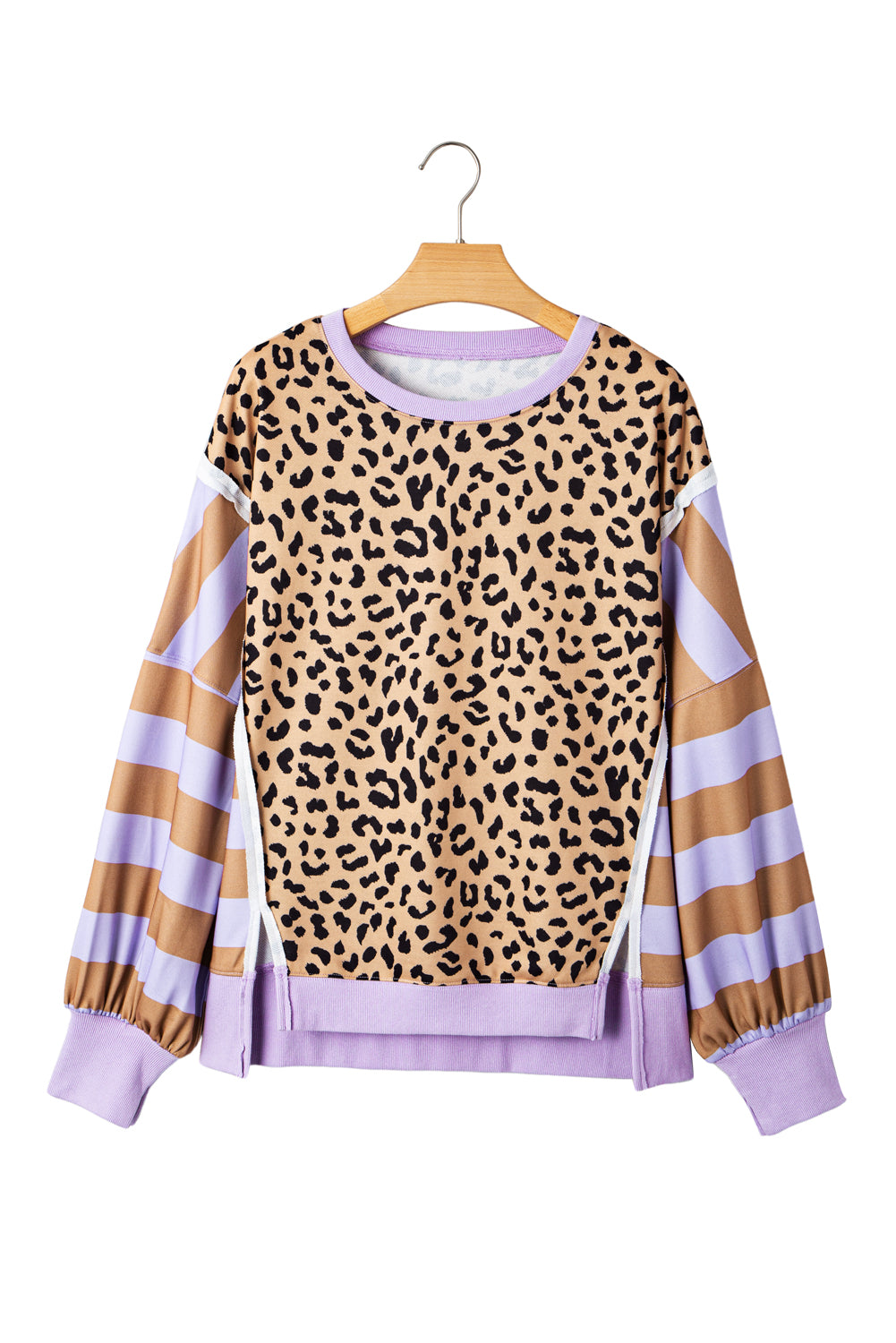 Purple Stripe Color Block Patchwork Leopard Casual Sweatshirt with Slits
