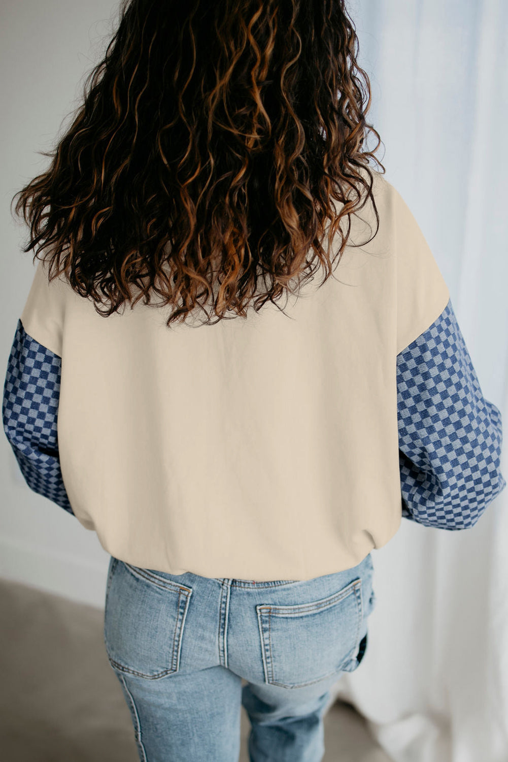 Parchment Checkered Patchwork Kangaroo Pocket Half Zipper Hoodie