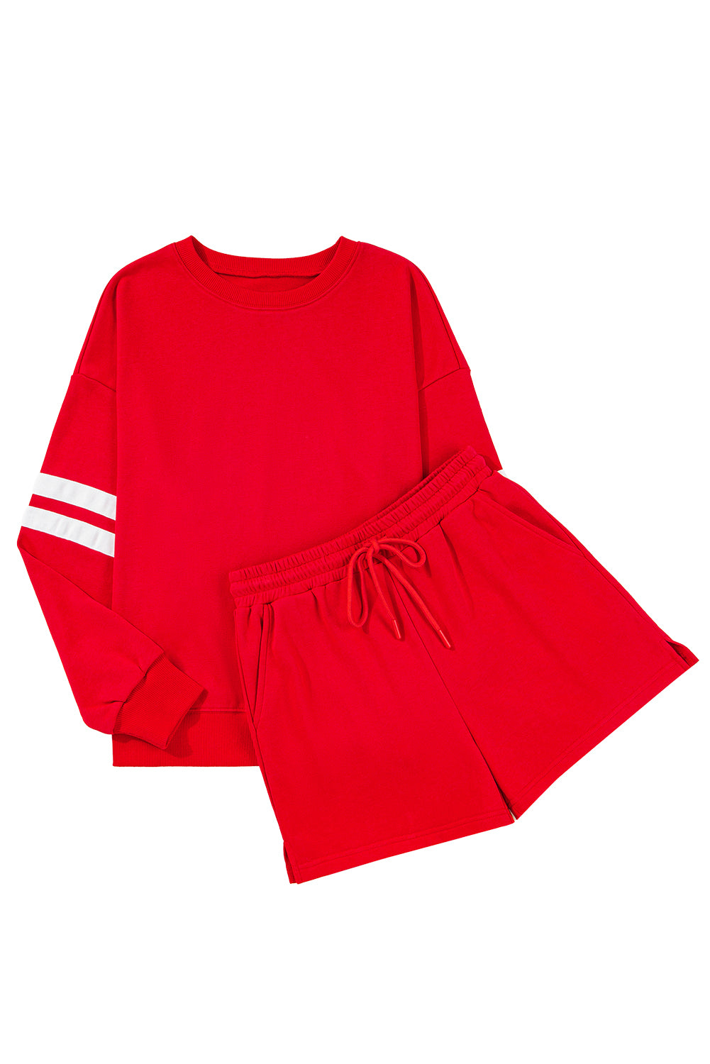 Fiery Red Varsity Striped Sleeve Drop Shoulder Sweatshirt and Short Set