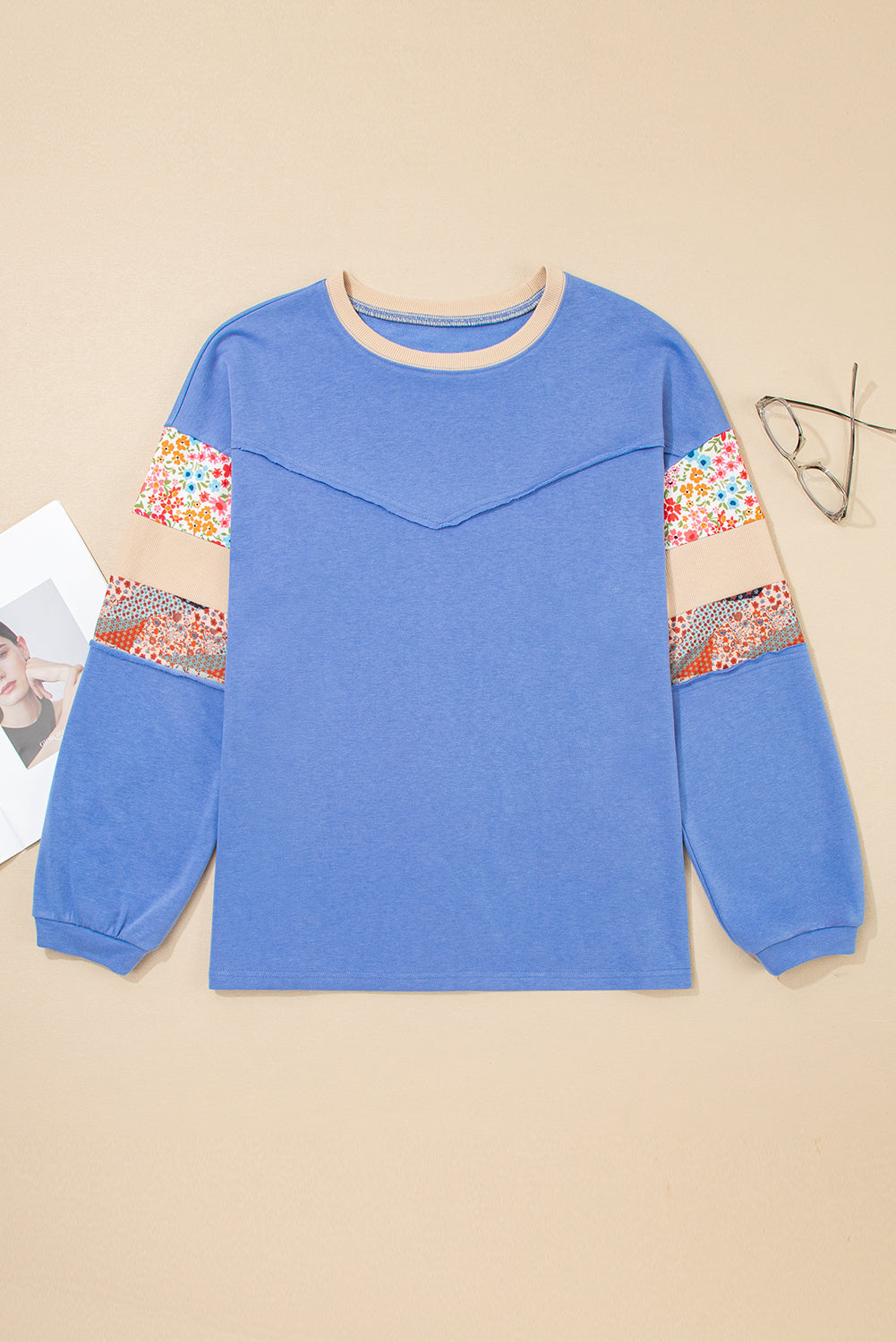 Blue Exposed Seam Floral Mixed Patchwork Relaxed Plus Size Top